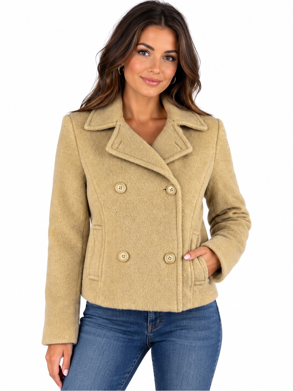Calvin Klein Camel Wool Angora Blend Double Breasted Peacoat M
